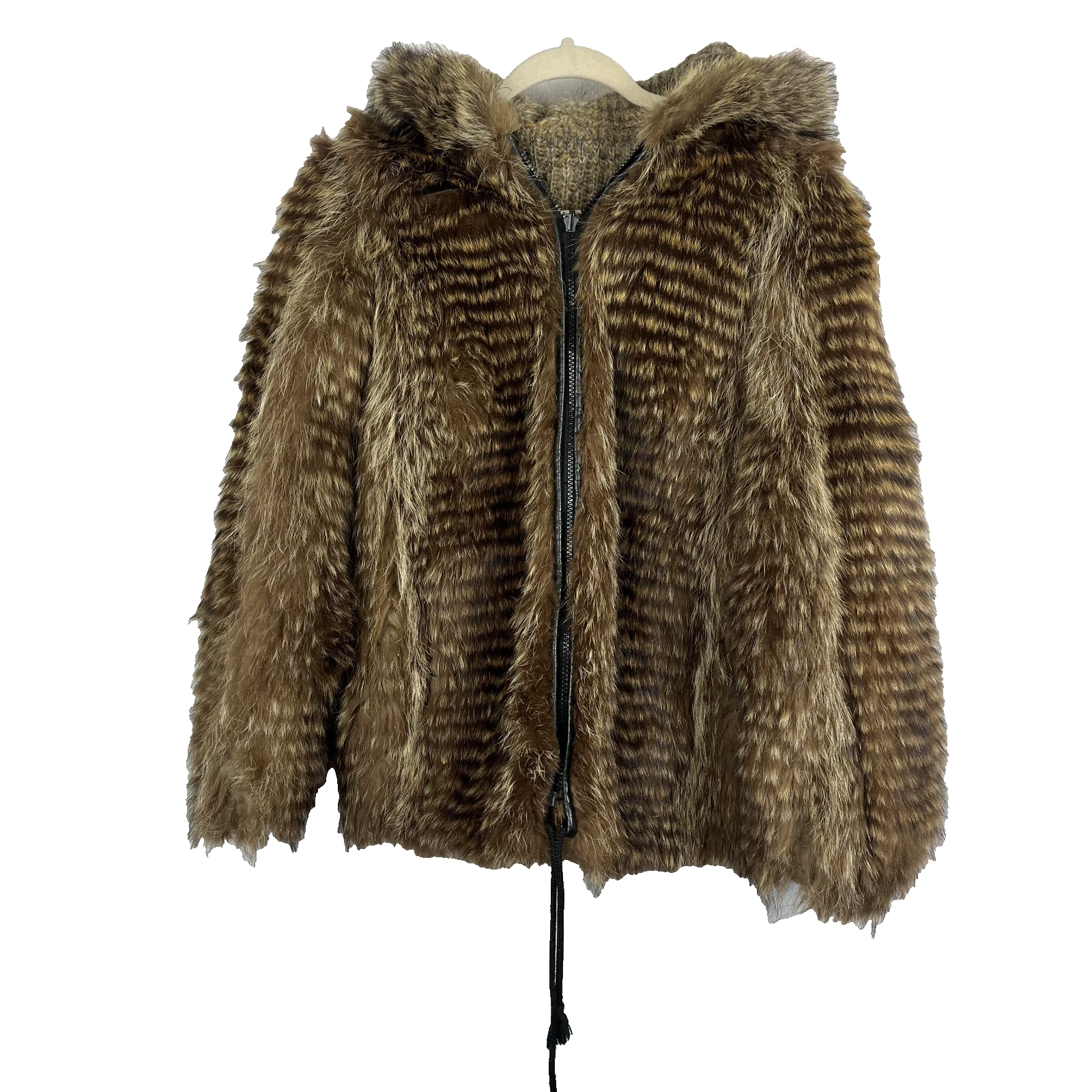 Fur Jacket Women's Natural Brown Zip Up Leather Trim Hooded Knit Wool Lined